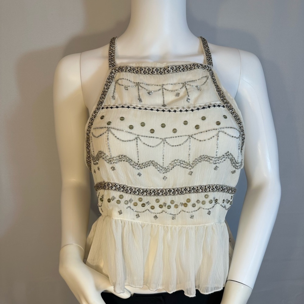 Free People Cream Embroidered Embellished Beads Sequins Tank Top Camisole S/P